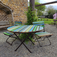 Folding table and two chairs made from recycled wood